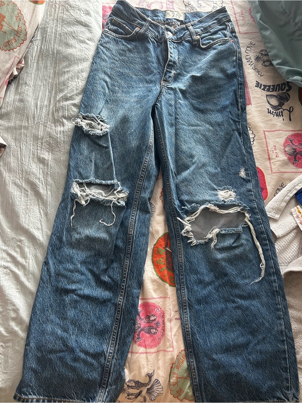We The Free Women's Blue Ripped wide leg CRVY Jeans